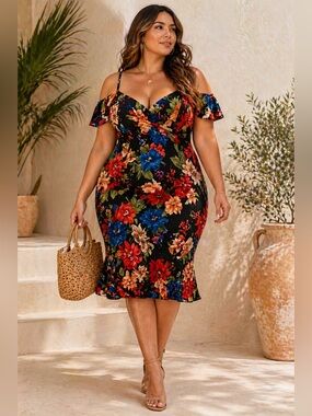 Tropical Floral Mesh Overlay Off Shoulder Midi Dress Body Skimming Ruffle Hem 2X